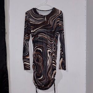 SHEIN Long Sleeve Swirl Ruched Dress - Brown/Black/Cream